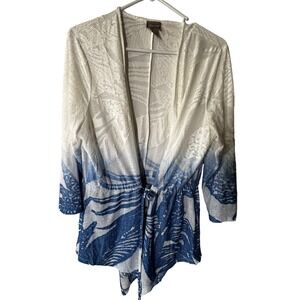 Chico's White‎ Blue Tropical Print Open Front Cardigan Cover Up Size 2
